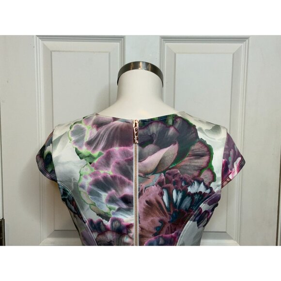Ted Baker Green Pink Floral Fit & Flare Cap Sleeve Mah Dress, Size 2 TB | 6 US - Picture 8 of 11